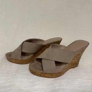 Taupe Crisscross Cork Wedge Slide Sandals - Women
